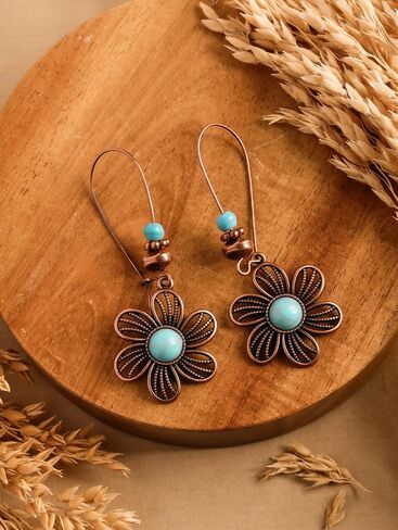 MINACHI Boho Created Turquoise Beaded Antique Copper Tone Floral Flower Dangle Drop Earrings, Vintage Western Tribal Festival Jewelry Gift for Women in Kuwait