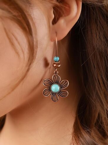 MINACHI Boho Created Turquoise Beaded Antique Copper Tone Floral Flower Dangle Drop Earrings, Vintage Western Tribal Festival Jewelry Gift for Women in Kuwait