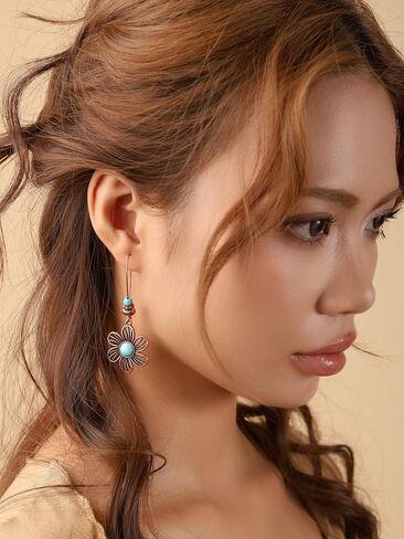 MINACHI Boho Created Turquoise Beaded Antique Copper Tone Floral Flower Dangle Drop Earrings, Vintage Western Tribal Festival Jewelry Gift for Women in Kuwait