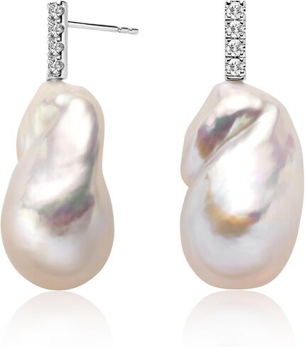 Pearl Drop Earrings 12-14mm Baroque Pearl earrings for Women 925 Sterling Silver with Simulated Diamond Cubic Zirconia Elegant Wedding Beach Jewelry Gift in Kuwait