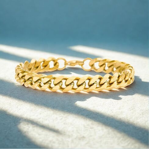 Nautica 9 mm Curb Chain Bracelet for Men 14K Yellow Gold IP Plated Stainless Steel 8.5 Inches in Kuwait