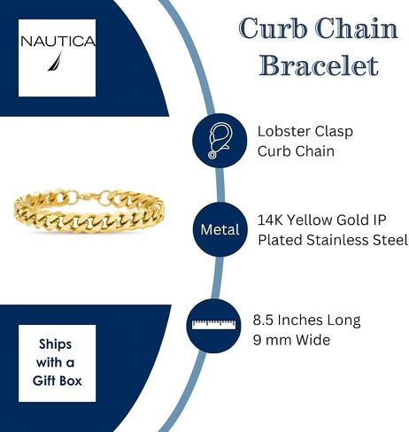 Nautica 9 mm Curb Chain Bracelet for Men 14K Yellow Gold IP Plated Stainless Steel 8.5 Inches in Kuwait