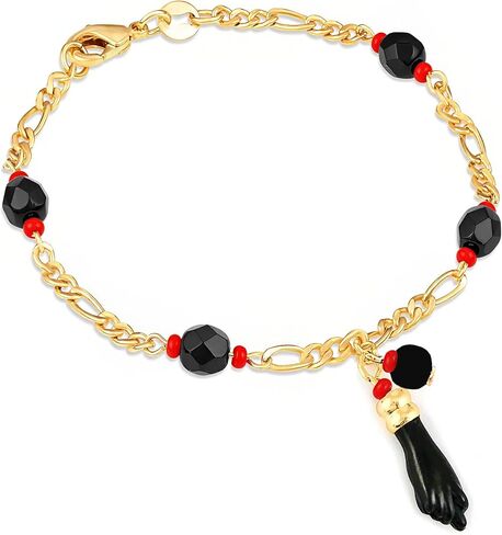 Azabache Bracelet for Women and Men, Genuine Jet Stone and Figa Hand for Spiritual Evil Eye Protection Mal de Ojo and Good Luck Figaro 14k Gold-Plated, 7.5" in Saudi Arabia