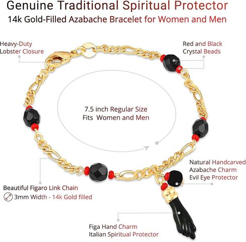 Azabache Bracelet for Women and Men, Genuine Jet Stone and Figa Hand for Spiritual Evil Eye Protection Mal de Ojo and Good Luck Figaro 14k Gold-Plated, 7.5" in Saudi Arabia
