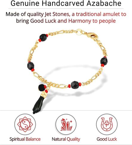 Azabache Bracelet for Women and Men, Genuine Jet Stone and Figa Hand for Spiritual Evil Eye Protection Mal de Ojo and Good Luck Figaro 14k Gold-Plated, 7.5" in Saudi Arabia