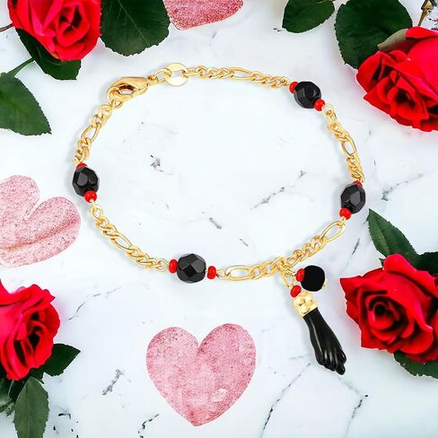 Azabache Bracelet for Women and Men, Genuine Jet Stone and Figa Hand for Spiritual Evil Eye Protection Mal de Ojo and Good Luck Figaro 14k Gold-Plated, 7.5" in Saudi Arabia