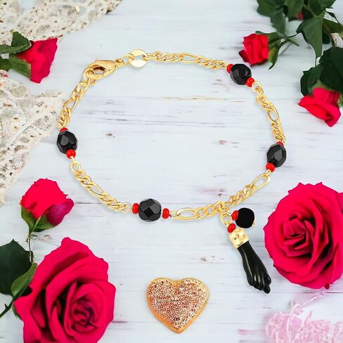 Azabache Bracelet for Women and Men, Genuine Jet Stone and Figa Hand for Spiritual Evil Eye Protection Mal de Ojo and Good Luck Figaro 14k Gold-Plated, 7.5" in Saudi Arabia