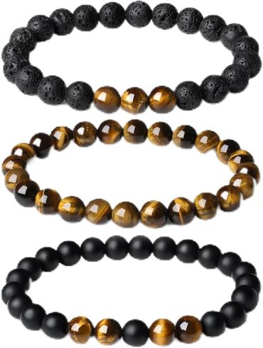 Mens Bead Bracelet Set Natural 8MM Tiger Eye Lava Stone Black Onyx Crystal Beaded Tiger Eye Bracelets Valentines Gifts For Men in Saudi Arabia