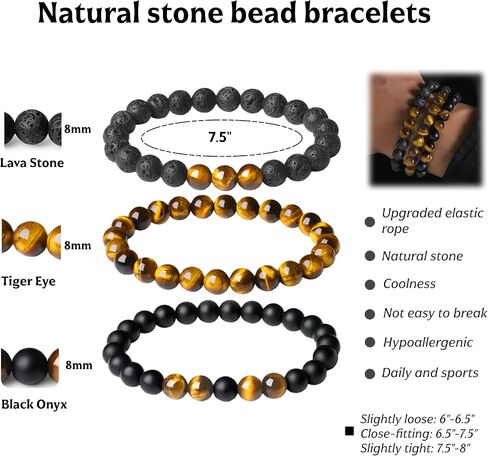Mens Bead Bracelet Set Natural 8MM Tiger Eye Lava Stone Black Onyx Crystal Beaded Tiger Eye Bracelets Valentines Gifts For Men in Saudi Arabia