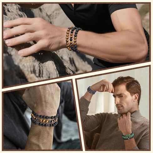 Mens Bead Bracelet Set Natural 8MM Tiger Eye Lava Stone Black Onyx Crystal Beaded Tiger Eye Bracelets Valentines Gifts For Men in Saudi Arabia