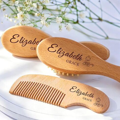 Personalized Baby Brush and Comb Set for Newborn Wooden Baby Brush Set Soft Baby Hair Brush Set Cradle Cap Brush Personalized Baby Gifts for Girls Boys Newborns Toddler (Design 3) in Saudi Arabia