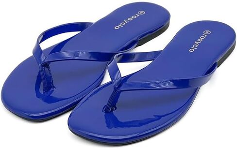 Flip Flops for Women, Leather Round Toe Non Slip Comfortable Slim Flats Sandals for Summer Beach Pool, Blue Patent in Kuwait