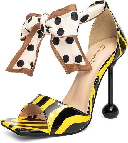 Women's Square Open Toe Zebra Print Heeled Sandals Polka Dot Ribbon Bow Ankle Strap 4.3 Inch Ball Stiletto Party Club Dress Shoes in Saudi Arabia