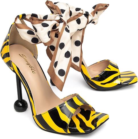 Women's Square Open Toe Zebra Print Heeled Sandals Polka Dot Ribbon Bow Ankle Strap 4.3 Inch Ball Stiletto Party Club Dress Shoes in Saudi Arabia