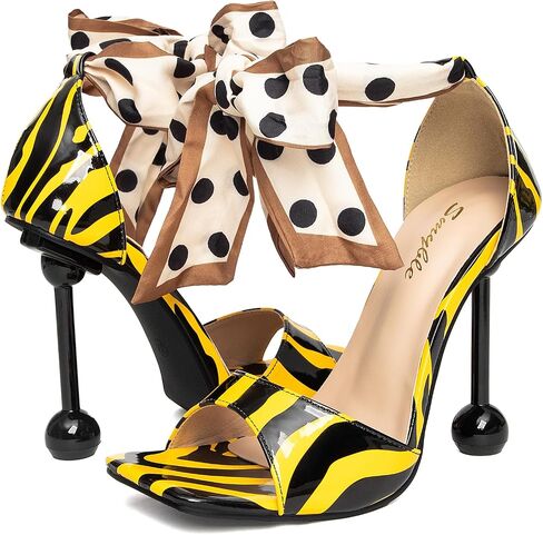 Women's Square Open Toe Zebra Print Heeled Sandals Polka Dot Ribbon Bow Ankle Strap 4.3 Inch Ball Stiletto Party Club Dress Shoes in Saudi Arabia