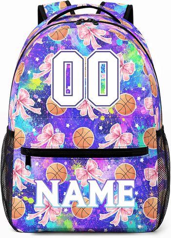 Custom Basketball Backpack for Girls - Personalized Name and Number, 17 Inch Lightweight Bookbag, 18L Durable Travel Daypack for Elementary School in Kuwait