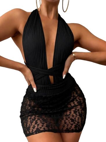 Women's One Piece Swimsuit with Mesh Skirt Sexy High Cut Deep V Neck Halter Crisscross Back Tie Ribbed Bathing Suit in Saudi Arabia