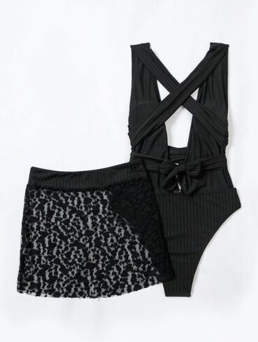 Women's One Piece Swimsuit with Mesh Skirt Sexy High Cut Deep V Neck Halter Crisscross Back Tie Ribbed Bathing Suit in Saudi Arabia