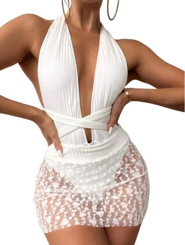 Women's One Piece Swimsuit with Mesh Skirt Sexy High Cut Deep V Neck Halter Crisscross Back Tie Ribbed Bathing Suit in Saudi Arabia