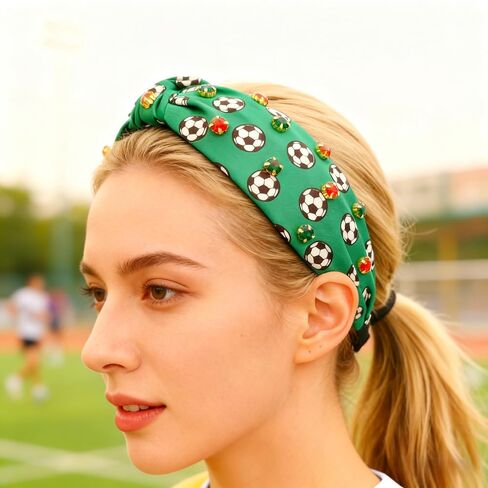 Soccer Balls Headband for Women, Crystal Knotted Hairband, Football Printed Wide Top Rhinestone Knotted Headbands Sport Theme Hairband Soccer Party Game Hair Accessories Game Day Gifts in Saudi Arabia
