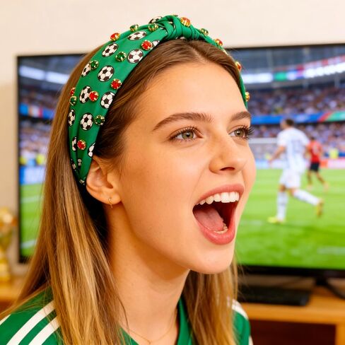 Soccer Balls Headband for Women, Crystal Knotted Hairband, Football Printed Wide Top Rhinestone Knotted Headbands Sport Theme Hairband Soccer Party Game Hair Accessories Game Day Gifts in Saudi Arabia