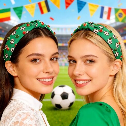 Soccer Balls Headband for Women, Crystal Knotted Hairband, Football Printed Wide Top Rhinestone Knotted Headbands Sport Theme Hairband Soccer Party Game Hair Accessories Game Day Gifts in Saudi Arabia