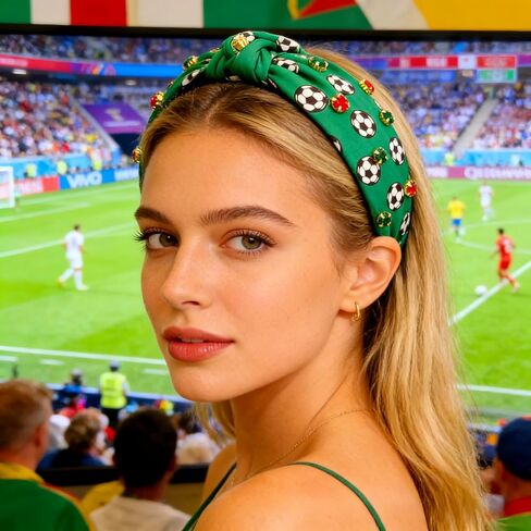 Soccer Balls Headband for Women, Crystal Knotted Hairband, Football Printed Wide Top Rhinestone Knotted Headbands Sport Theme Hairband Soccer Party Game Hair Accessories Game Day Gifts in Saudi Arabia
