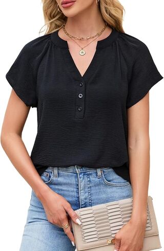 Womens Short Sleeve V Neck Loose Blouse Flowy Summer T Shirt Cap Sleeve Casual Tops White in Saudi Arabia