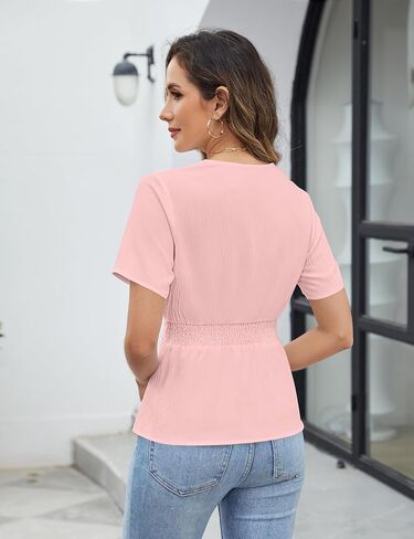 Blooming Jelly Womens Dressy Business Casual Blouse Pleated V Neck Tops Trendy Smocked Work Shirt Summer Outfit 2025 (Pink,S) in Kuwait