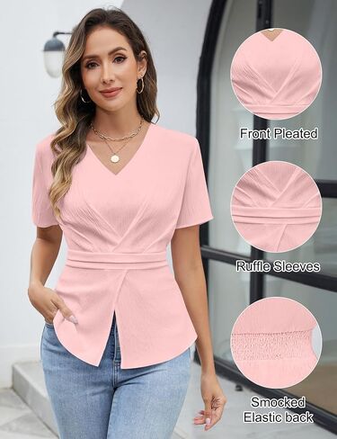 Blooming Jelly Womens Dressy Business Casual Blouse Pleated V Neck Tops Trendy Smocked Work Shirt Summer Outfit 2025 (Pink,S) in Kuwait