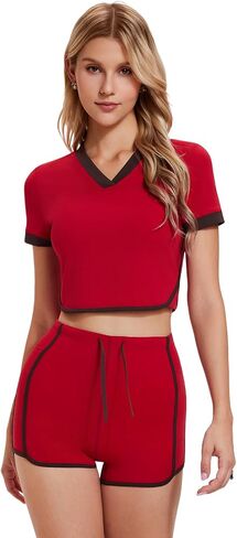 Women's 2 Piece Outfits V Neck Crop Tops and High Waist Shorts Set Athletic Tracksuit Casual Y2K Activewear in Saudi Arabia