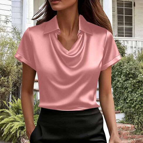 Satin Tops for Women Casual Cowl Neck Cozy Lapel Short Sleeve Silk Shirts Fitted Blouses in Kuwait