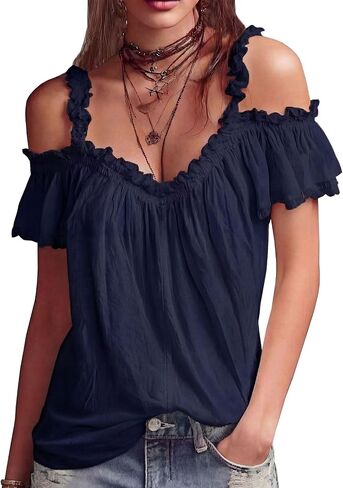 Womens Sexy Cold Shoulder Tops Casual Off Short Sleeve Open Shirts V Neck Low Cut Ruffled Trim Dressy Trendy Blouse in Saudi Arabia