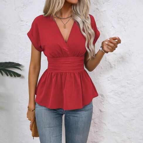 Women's Elegant Wrap V Neck Peplum Tops Cap Sleeve Stretchy Ruched Ruffle Dressy Blouses Shirts Summer Short Sleeve Blouse in Kuwait