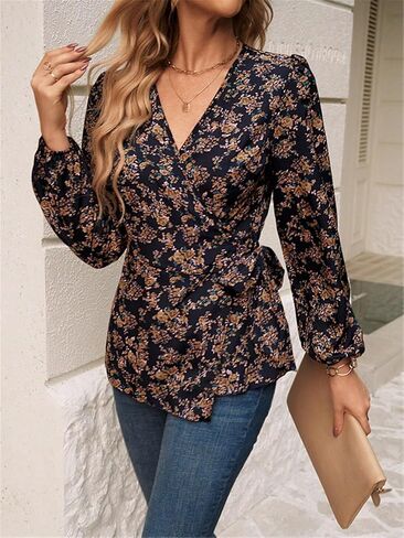 Women's Floral Wrap Blouse, V Neck Long Sleeve Tie Waist Top with Vintage Ditsy Floral Print for Casaul Wear Vacation in Kuwait