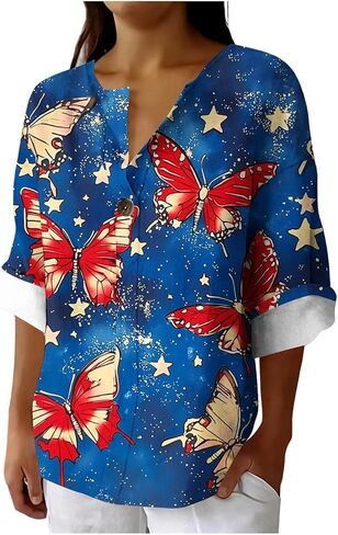Women Patriotic Flag Print Shirt 4th of July V Neck Button Down Linen Blouse Casual Loose Independence Day Top 2026 in Saudi Arabia
