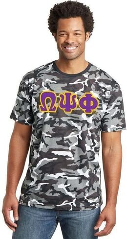 Omega Psi Phi Lettered Camouflage T-Shirt in Saudi Arabia