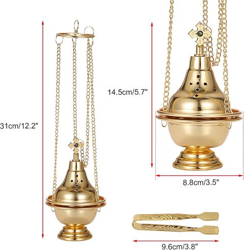 JUXYES Vintage Hanging Charcoal Incense Resin Burner with Chain and Tongs, Metal Censer Antique Frankincense Insencents Burner Holder Spiritual Aromatherapy Meditation Retro Home Decoration, Gold in Saudi Arabia