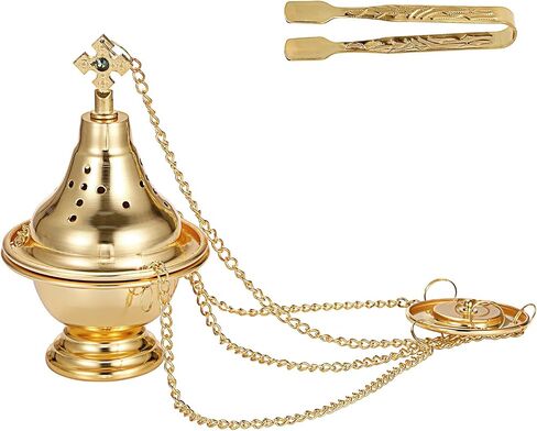 JUXYES Vintage Hanging Charcoal Incense Resin Burner with Chain and Tongs, Metal Censer Antique Frankincense Insencents Burner Holder Spiritual Aromatherapy Meditation Retro Home Decoration, Gold in Saudi Arabia