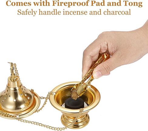 JUXYES Vintage Hanging Charcoal Incense Resin Burner with Chain and Tongs, Metal Censer Antique Frankincense Insencents Burner Holder Spiritual Aromatherapy Meditation Retro Home Decoration, Gold in Saudi Arabia
