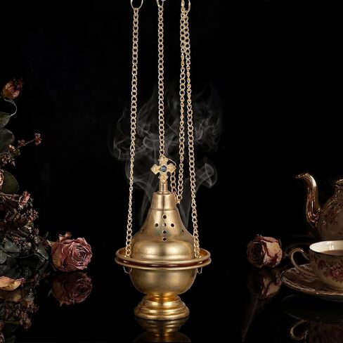JUXYES Vintage Hanging Charcoal Incense Resin Burner with Chain and Tongs, Metal Censer Antique Frankincense Insencents Burner Holder Spiritual Aromatherapy Meditation Retro Home Decoration, Gold in Saudi Arabia