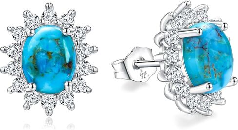 AIBAO Genuine Turquoise/Malachite Stud Earrings for Women Sterling Silver Princess Diana Class Oval Gemstone Halo Earrings Western Jewelry Anniversary Christmas Gift in Saudi Arabia