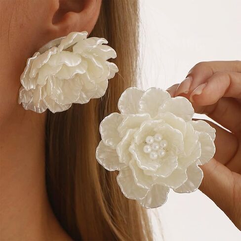 Dainty Large White Shell Pearl Flower Stud Earrings for Women, Vintage Boho Acrylic Big Camellia Floral Earring Fashion Statement Party Jewelry Gifts in Saudi Arabia