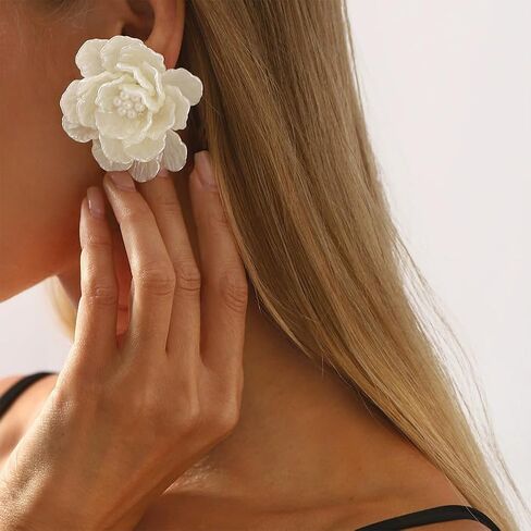 Dainty Large White Shell Pearl Flower Stud Earrings for Women, Vintage Boho Acrylic Big Camellia Floral Earring Fashion Statement Party Jewelry Gifts in Saudi Arabia