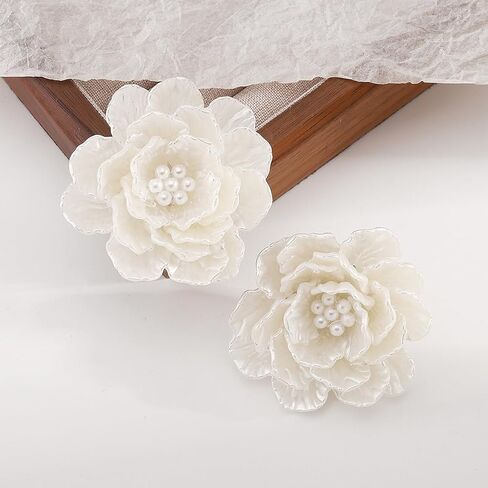 Dainty Large White Shell Pearl Flower Stud Earrings for Women, Vintage Boho Acrylic Big Camellia Floral Earring Fashion Statement Party Jewelry Gifts in Saudi Arabia