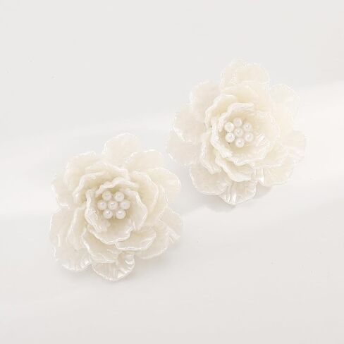 Dainty Large White Shell Pearl Flower Stud Earrings for Women, Vintage Boho Acrylic Big Camellia Floral Earring Fashion Statement Party Jewelry Gifts in Saudi Arabia