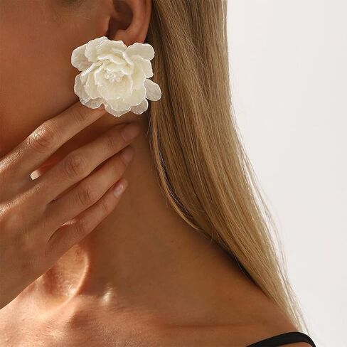 Dainty Large White Shell Pearl Flower Stud Earrings for Women, Vintage Boho Acrylic Big Camellia Floral Earring Fashion Statement Party Jewelry Gifts in Saudi Arabia