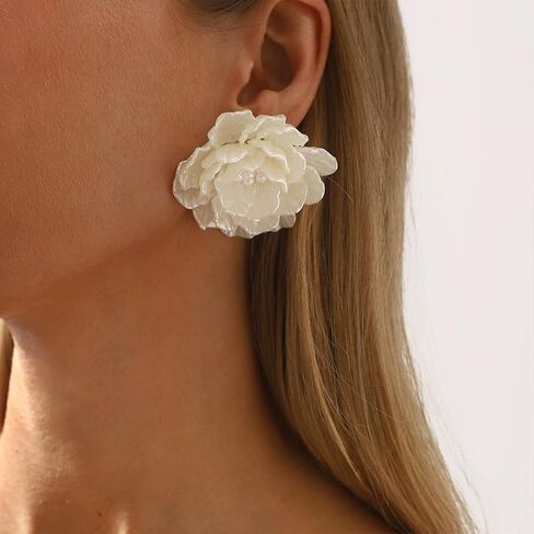 Dainty Large White Shell Pearl Flower Stud Earrings for Women, Vintage Boho Acrylic Big Camellia Floral Earring Fashion Statement Party Jewelry Gifts in Saudi Arabia