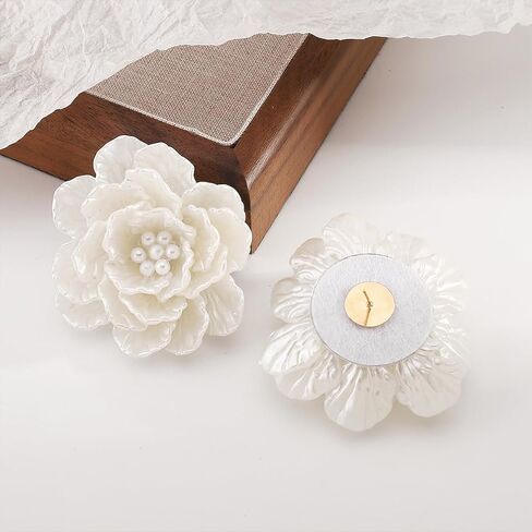 Dainty Large White Shell Pearl Flower Stud Earrings for Women, Vintage Boho Acrylic Big Camellia Floral Earring Fashion Statement Party Jewelry Gifts in Saudi Arabia