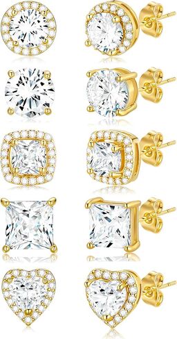 5 Pairs Cubic Zirconia Stud Earrings for Women Men 18K Gold Silver Plated Stainless Steel Earrings CZ Round Square Heart Simulated Diamond Halo Iced Out Stud Earring Jewelry Set in Saudi Arabia